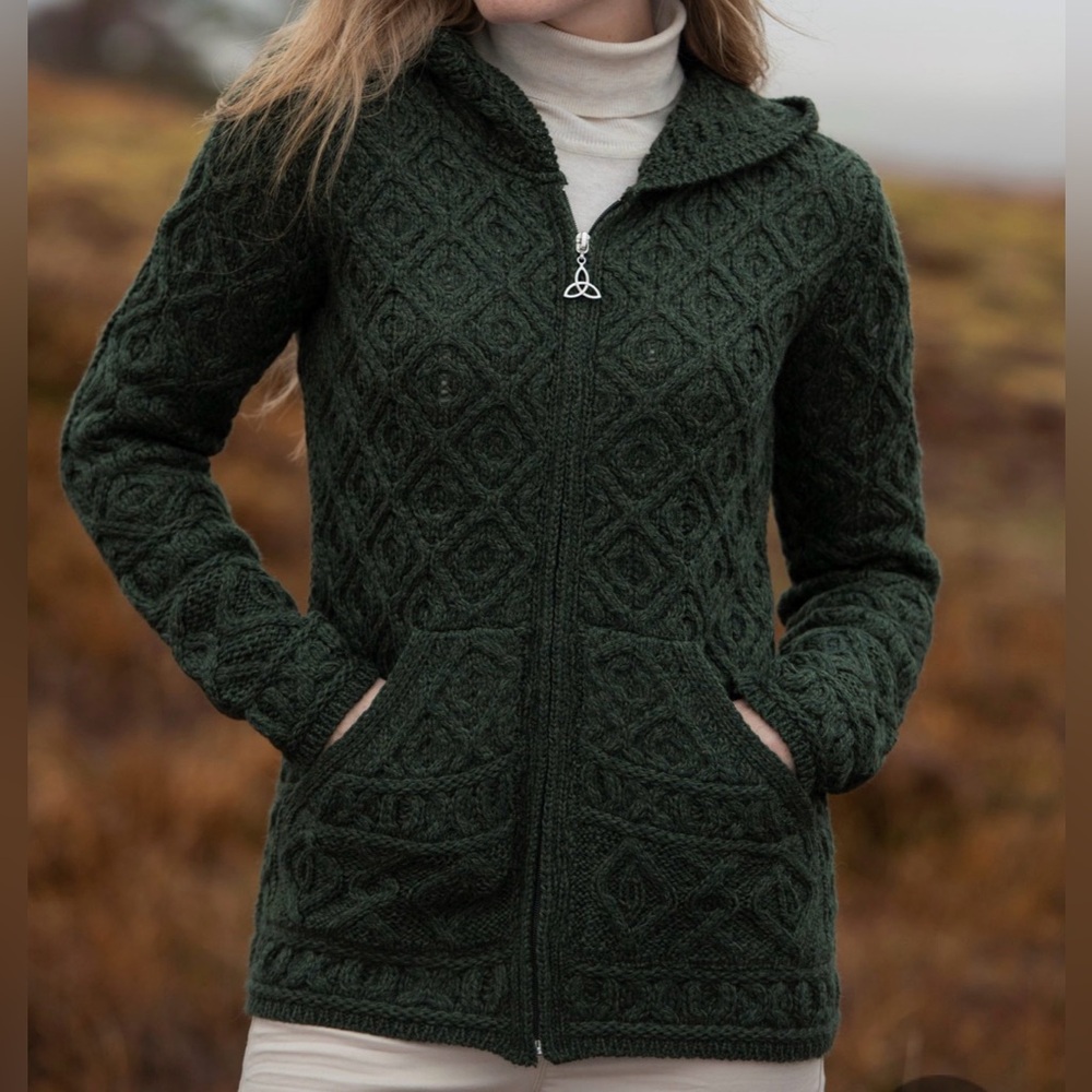 Honeycomb Hood Cardigan 100% Merino Wool Dark Green Aran Craft Ireland Sz Small